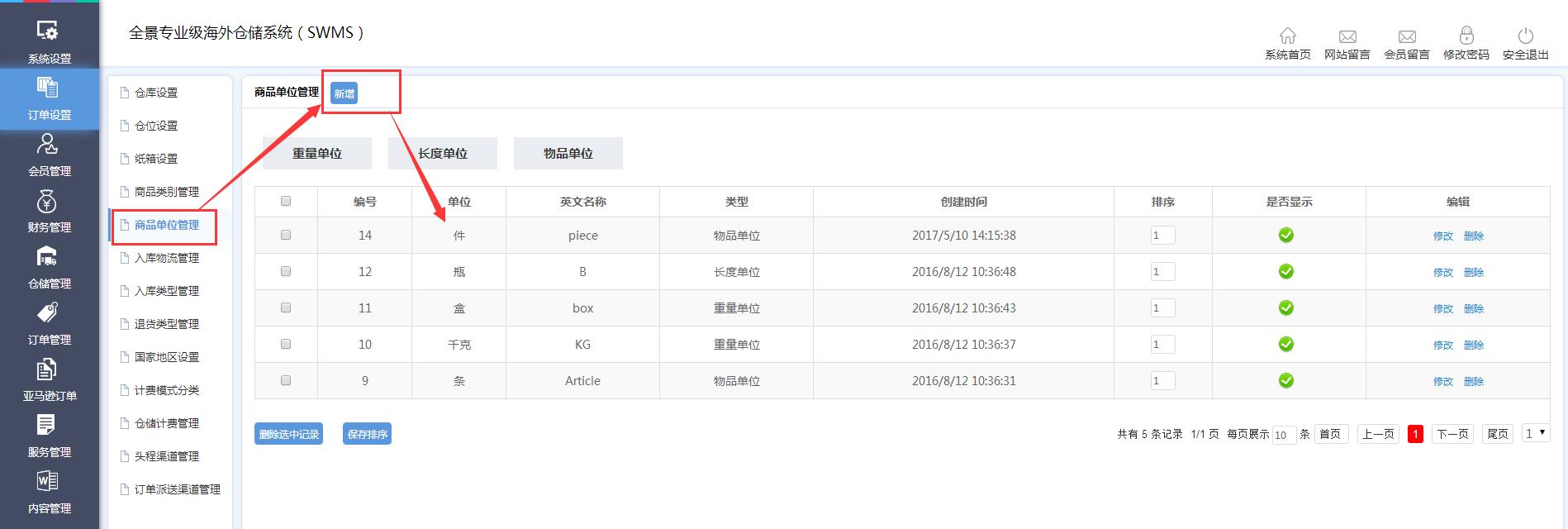 海外倉(cāng)訂單設(shè)置商品單位管理界面