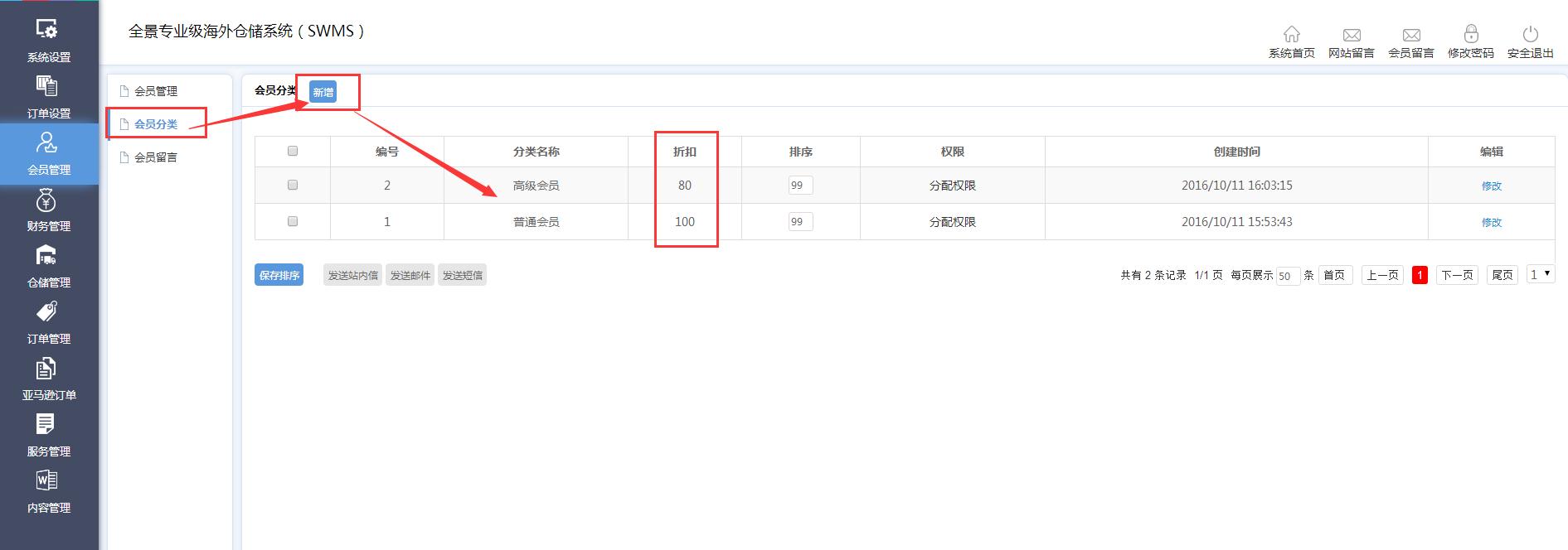 海外倉系統(tǒng)后臺管理會員留言界面