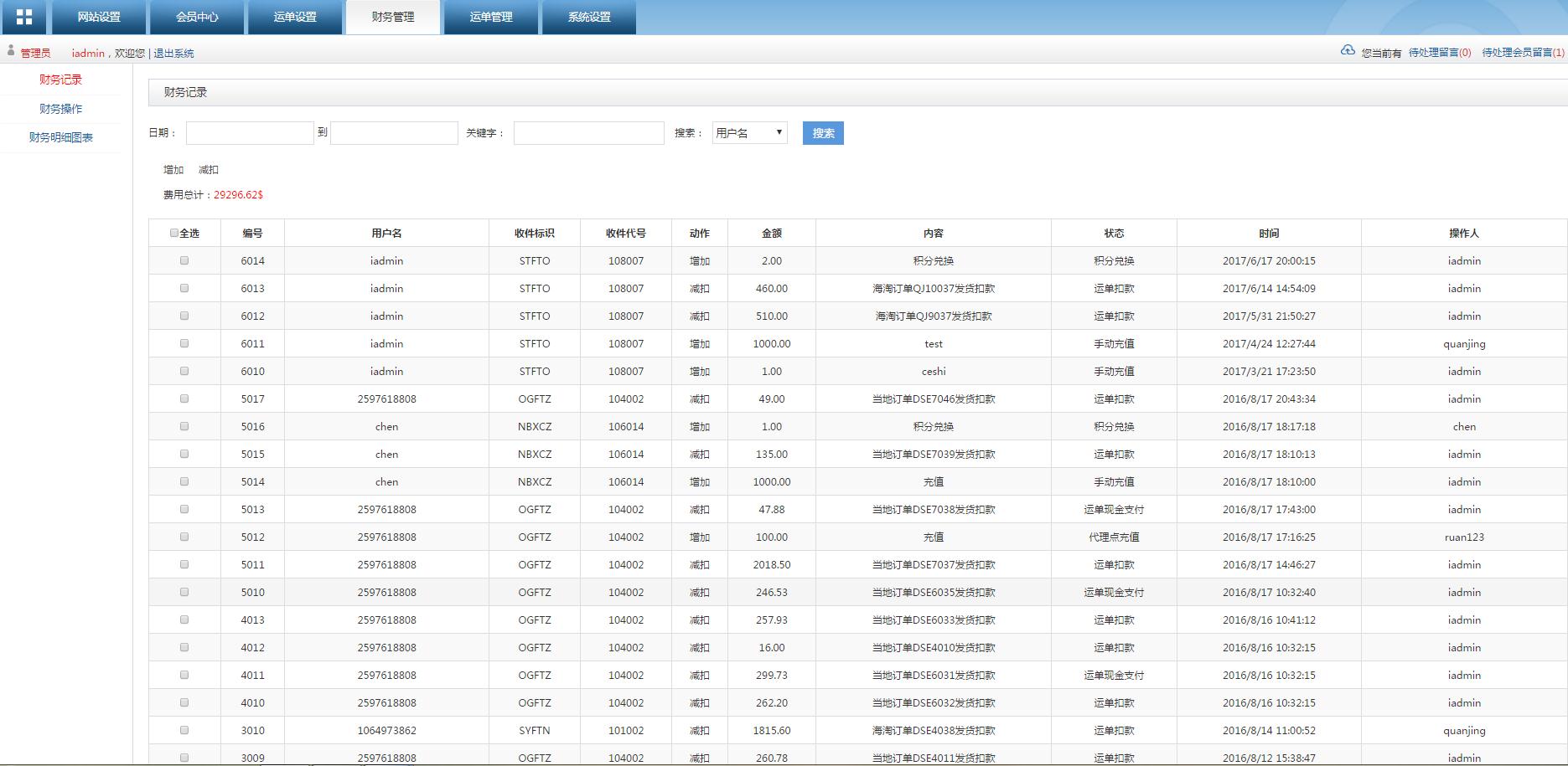 轉(zhuǎn)運(yùn)系統(tǒng)后臺管理財(cái)務(wù)記錄管理界面